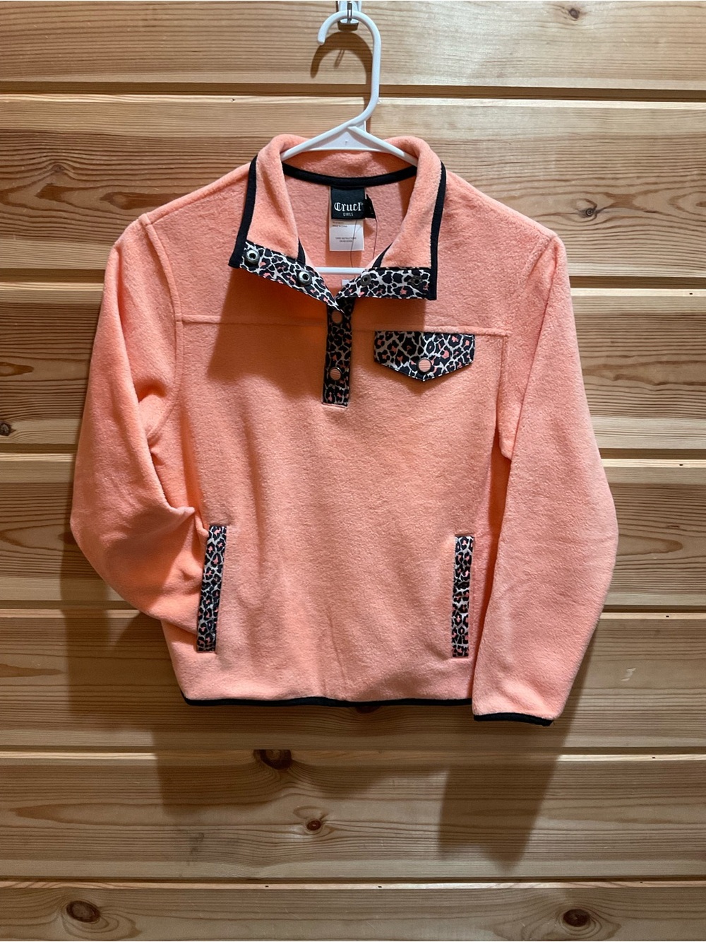 Cruel Girl Peach Pullover with Leopard Trim